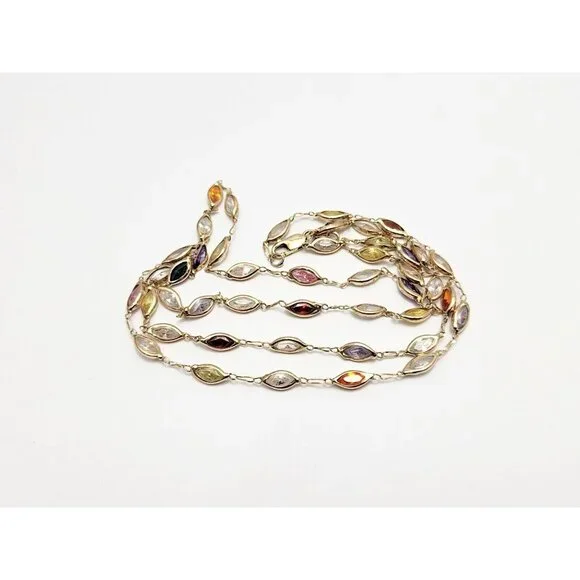 Unique 14K Solid Yellow Gold Multi Colored Gemstone Link Chain Necklace - 24" L